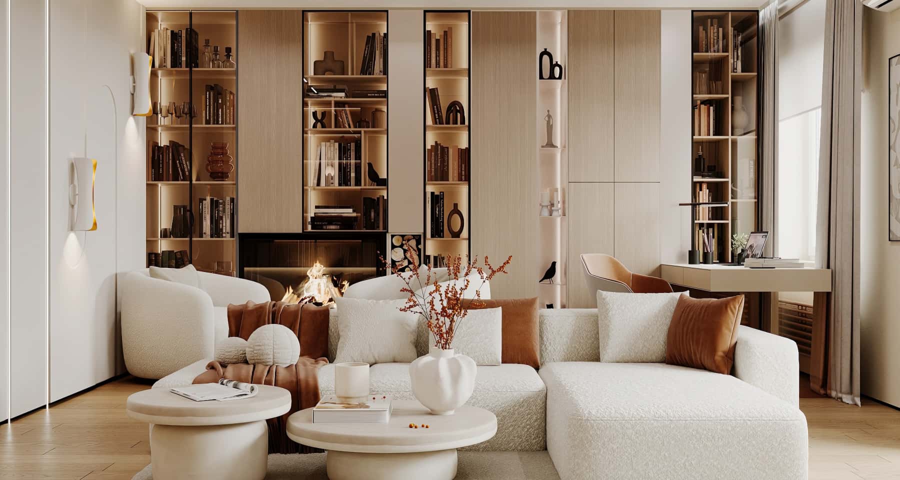 Jasne wnętrze 3-pokojowe Nowoczesny design 3-pokojowego mieszkania z dużymi oknami i jasnymi ścianami. Aranżacja wnętrz.