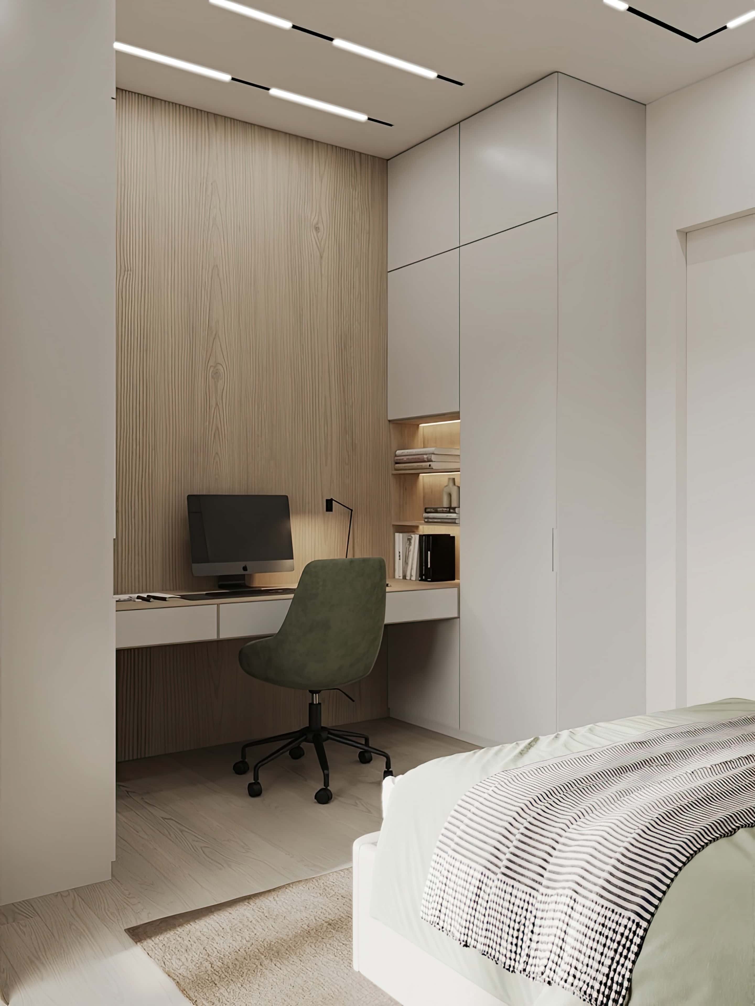 Kuchnia w bieli i drewnie Minimalistyczna kuchnia w trzypokojowym mieszkaniu z białymi frontami i drewnianymi akcentami.