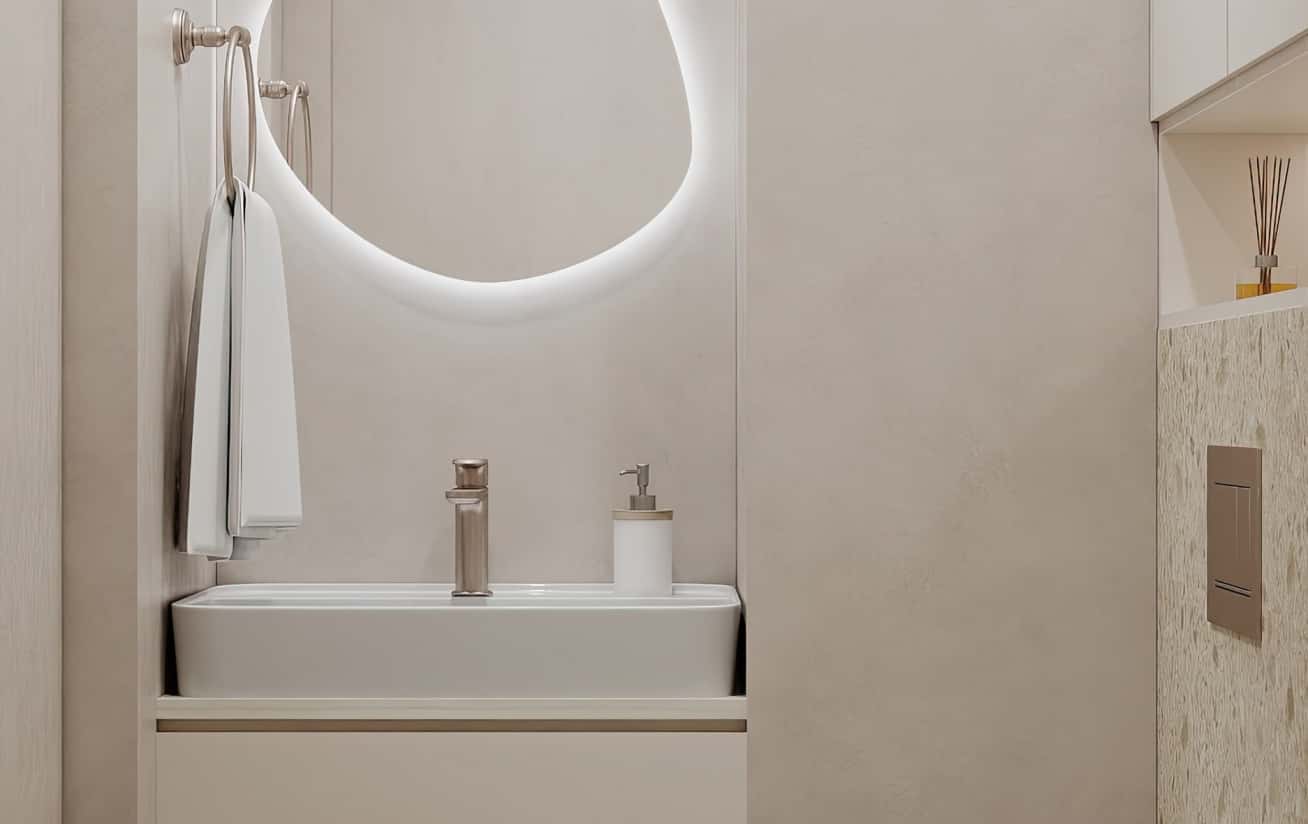 Korytarz z lustrem Nowoczesny design 3-pokojowego mieszkania: korytarz z szafą wnękową i dużym lustrem. Funkcjonalność.