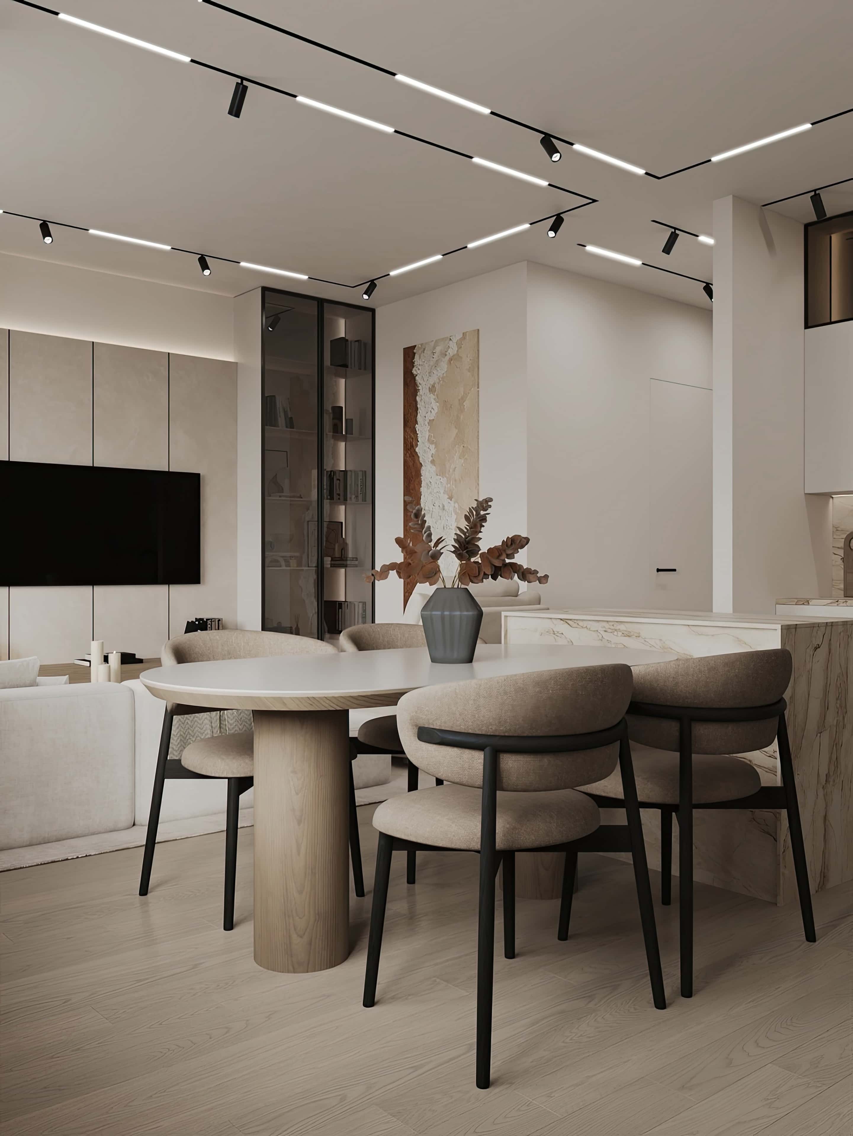 Drewno i jasność Stylowe trzypokojowe mieszkanie łączące jasne odcienie z elementami drewna, tworzące wrażenie lekkości.