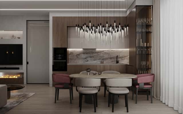 Oświetlenie akcentowe Minimalistyczny design trzypokojowego mieszkania 2026 z akcentowym oświetleniem i nowoczesnymi meblami.