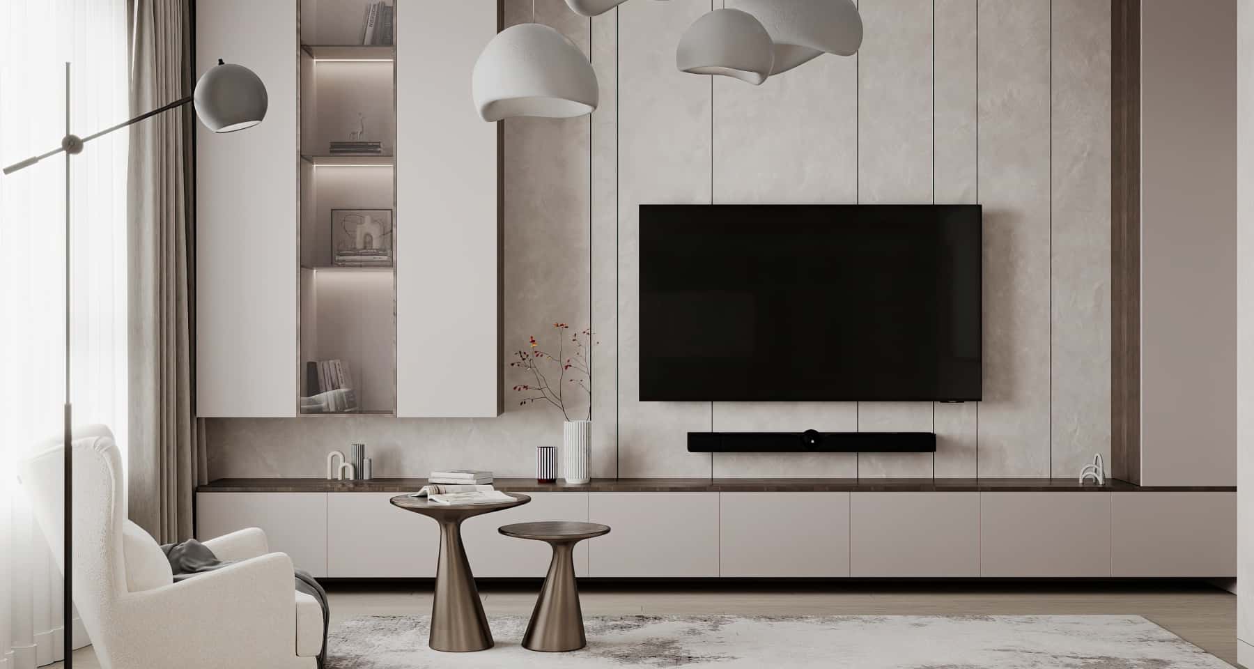 Beżowy minimalizm Projekt trzypokojowego mieszkania 2026: minimalistyczny salon w beżach z drewnem.