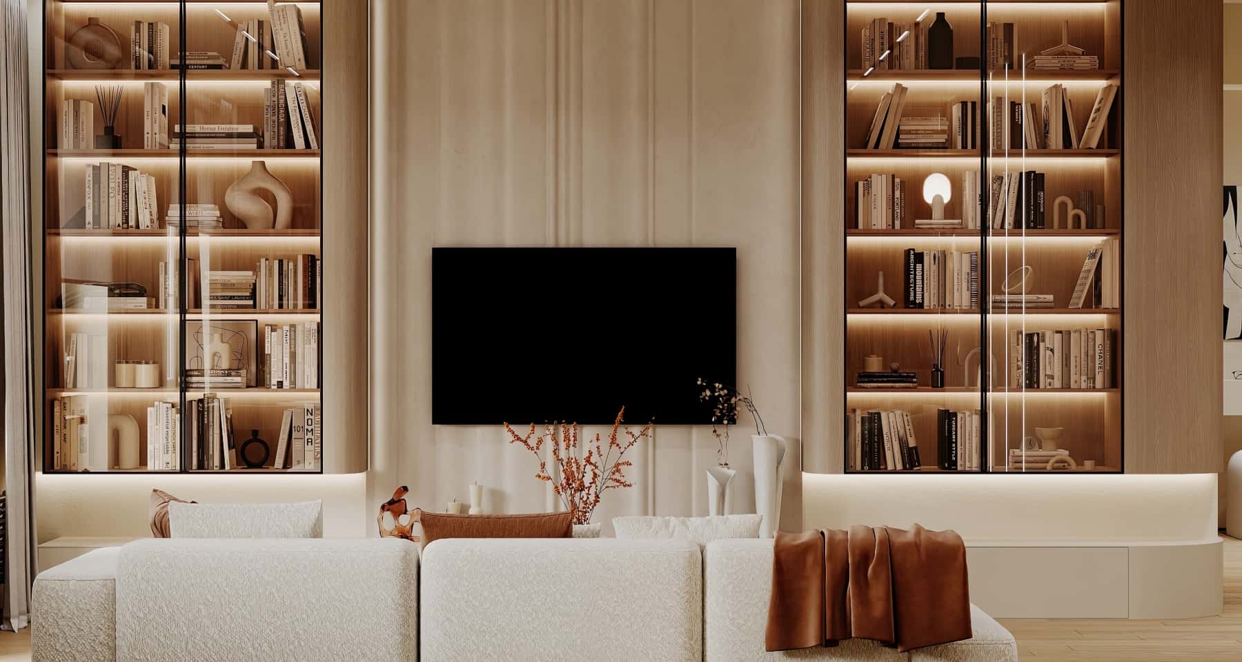 Salon z kuchnią Projekt 3-pokojowego mieszkania z kuchnią otwartą na salon. Nowoczesne meble, stylowe oświetlenie.