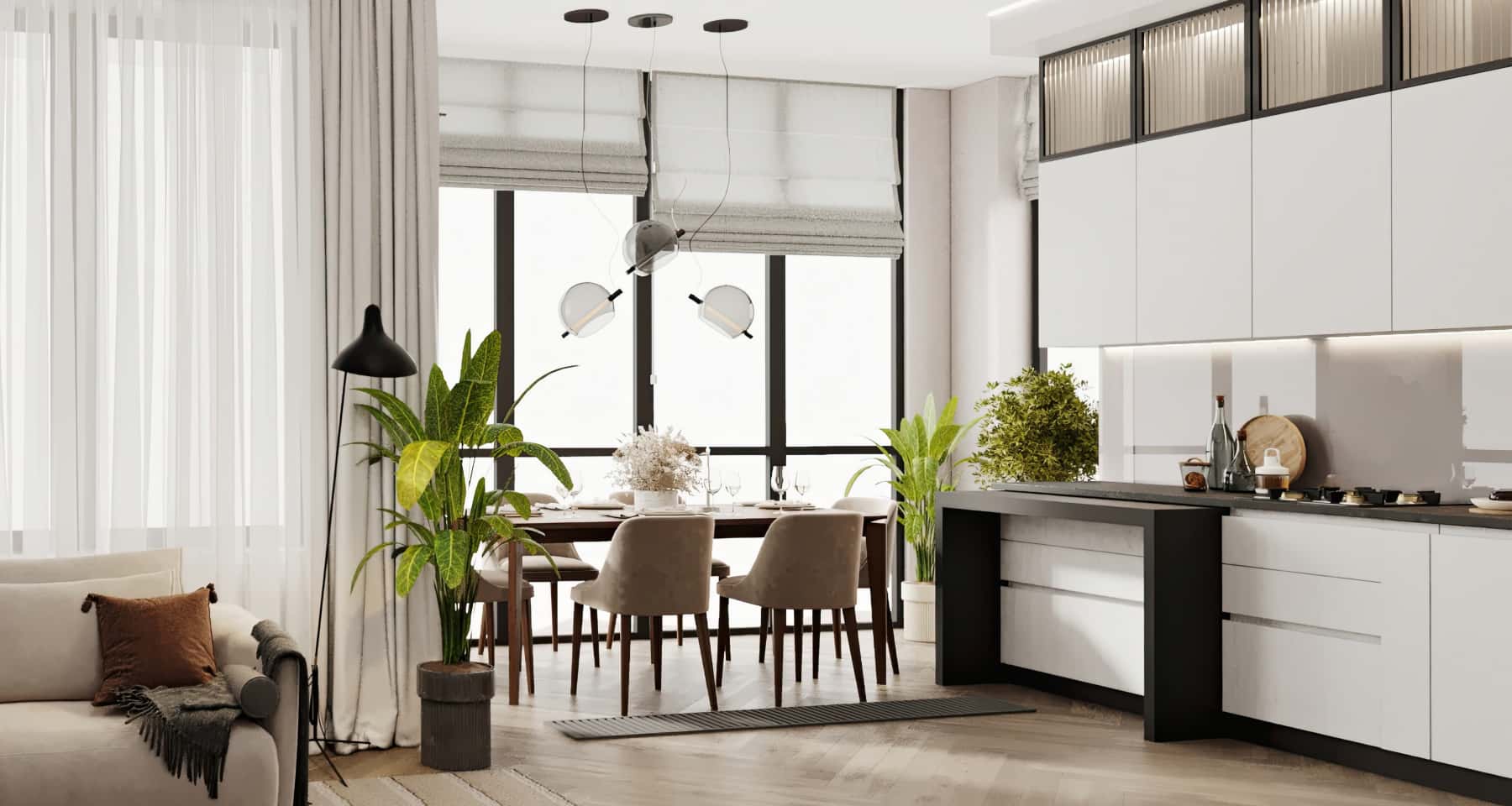 Przestrzeń i światło Projekt wnętrza trzypokojowego mieszkania z dużymi oknami i otwartą przestrzenią.