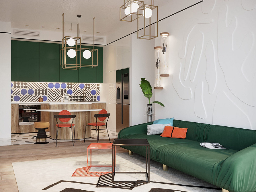 Niebieska sofa w salonie Kolorowa sofa w aranżacji salonu. Wnętrze z niebieską sofą i plakatami.