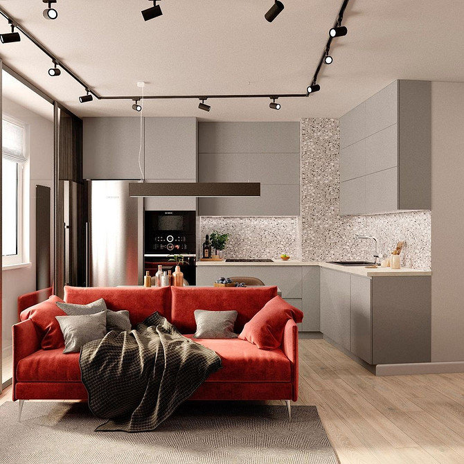 Kolorowa Sofa: Styl Loft Aranżacja salonu z kolorową sofą. Styl loft 2026 i sofa aksamitna.