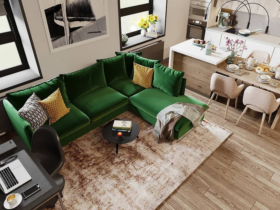 Aksamitna sofa loft Kolorowa sofa aksamitna w salonie w stylu loft. Aranżacja wnętrz 2026.