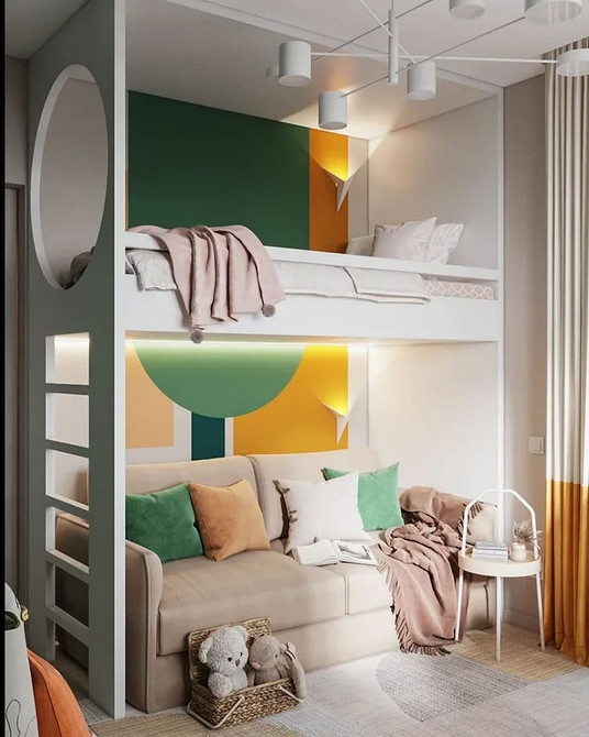 Eleganckie łóżko piętrowe z sofą: nowoczesny design optymalizujący przestrzeń w małym mieszkaniu.