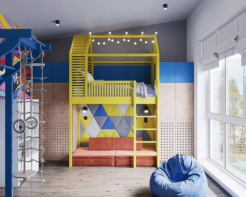 Design z sofą Łóżko piętrowe z sofą: nowoczesny design optymalizujący przestrzeń w małym pokoju.