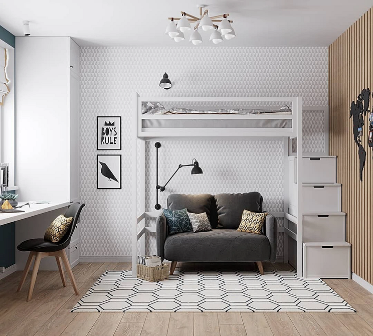 Łóżko piętrowe z sofą w pokoju nastolatka, nowoczesny design z szarymi akcentami.