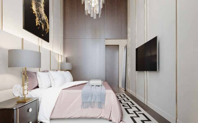 Art Deco Luksus Luksusowy apartament w stylu Art Deco z efektownym oświetleniem: projektowanie wnętrz mieszkań.