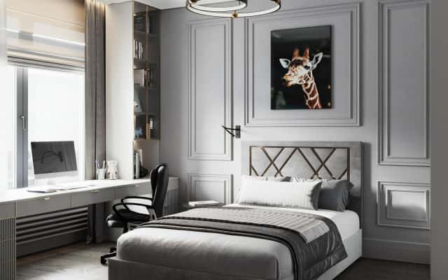 Salon z sofą Stylowe wnętrze salonu w luksusowym domu z różową sofą i marmurowymi blatami