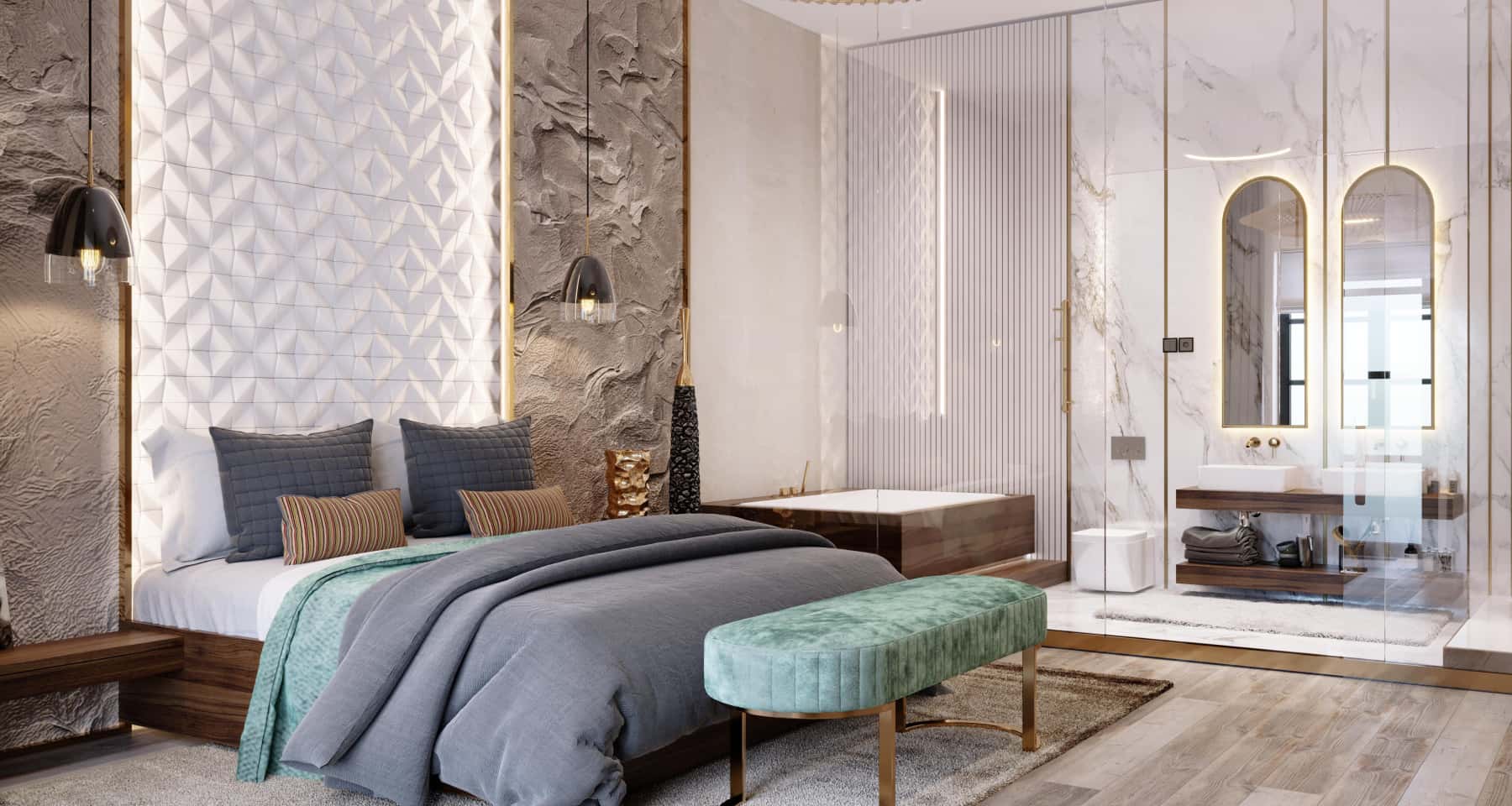 Luksus Art Deco Salon Luksusowe wnętrze: aranżacja salonu w stylu Art Deco i Neoklasycznym. Sofa, lampy i dekoracje.