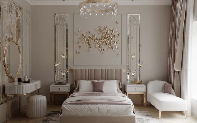 Sypialnia: Elegancja i Komfort Ekskluzywna sypialnia z dużym łóżkiem i eleganckimi szafkami nocnymi.