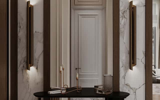 Art Deco Łazienka Luksusowa łazienka w stylu Art Deco: mozaika i eleganckie wykończenie wnętrz.