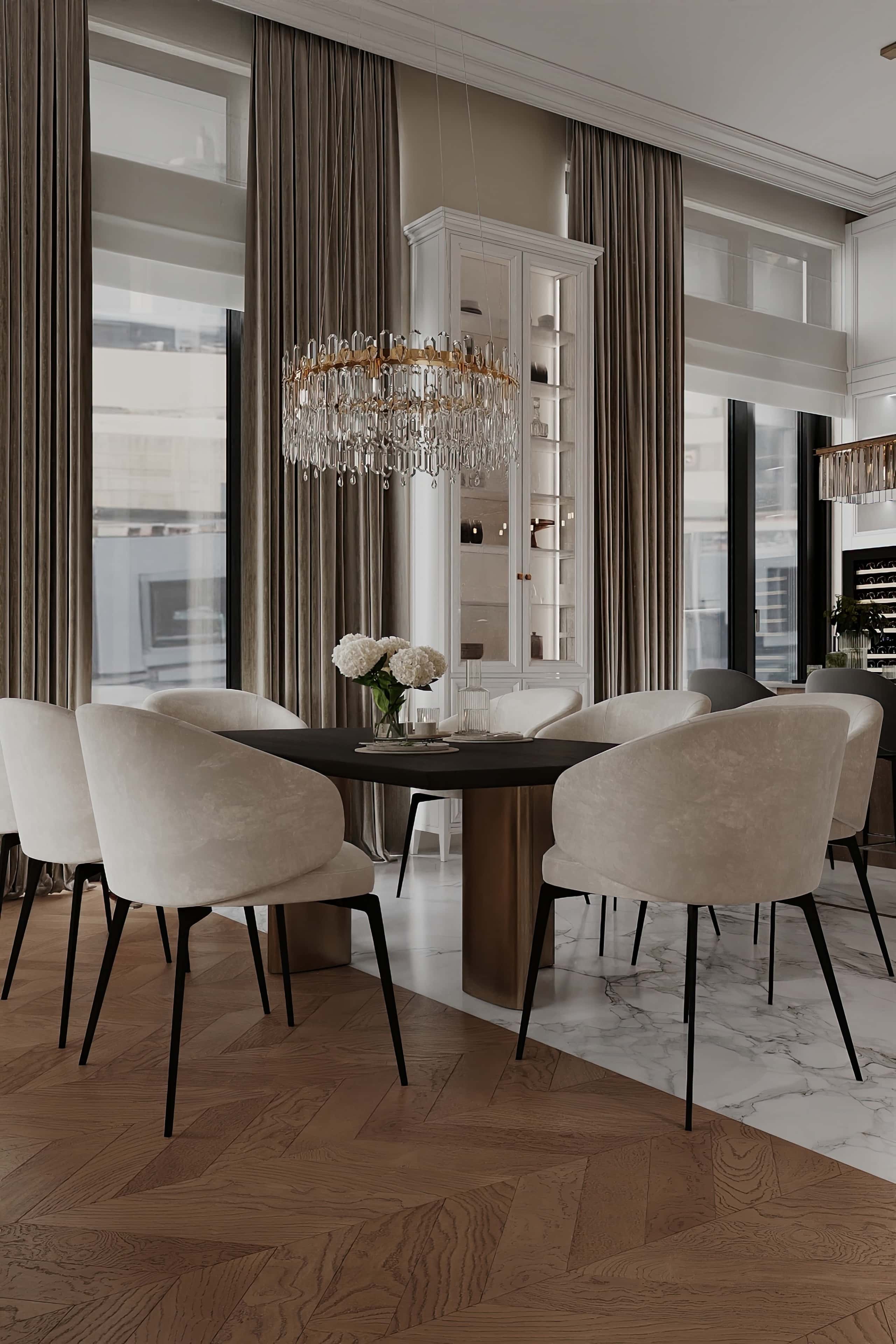 Luksusowy przedpokój z marmurową podłogą, lustrem i eleganckimi dodatkami, premium wykończenie wnętrza.