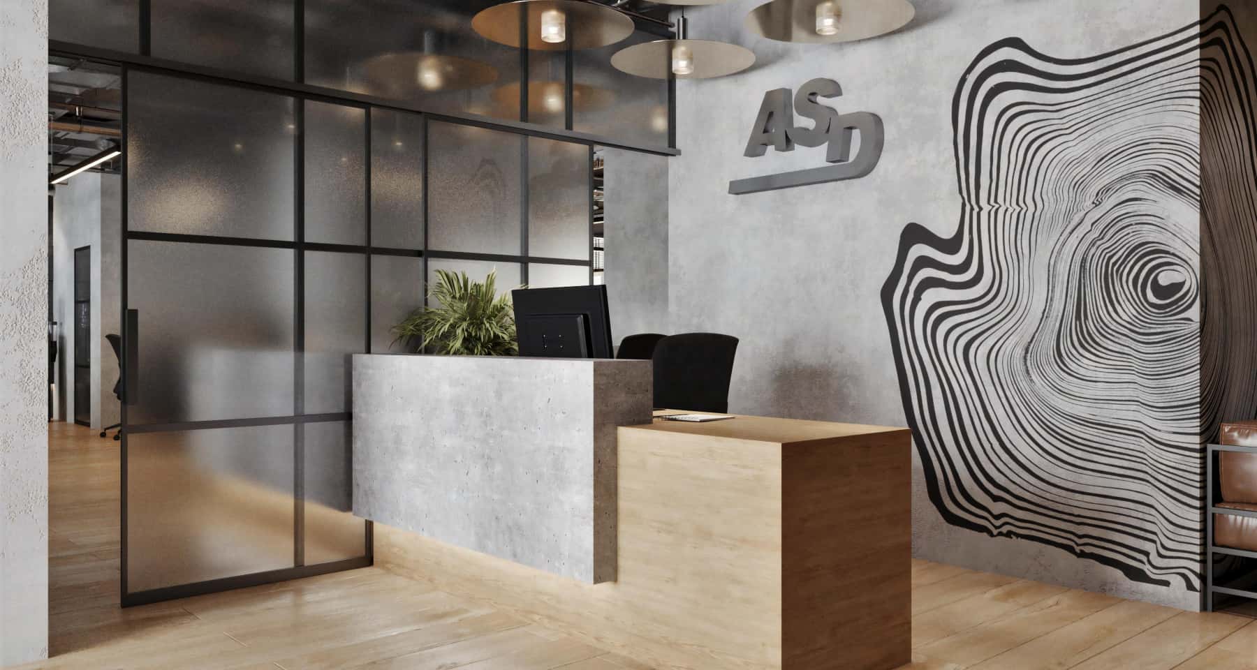 Jasny Minimalizm Minimalistyczne biuro 2026 z dużymi oknami zapewniające naturalne światło i nowoczesny wygląd.