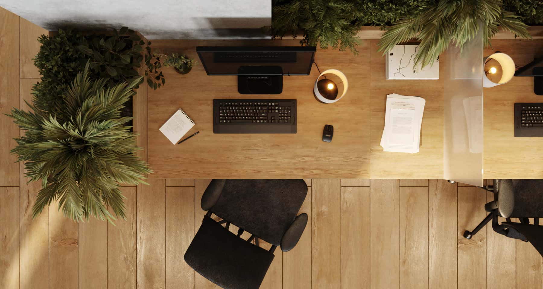 Eko-biuro 2026 Ekologiczne biuro 2026: zielone rośliny, naturalne światło i ekologiczne materiały.