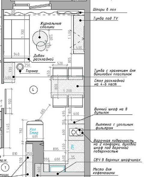 Naturalne materiały Design kuchni z salonem: naturalne materiały, drewno i kamień.