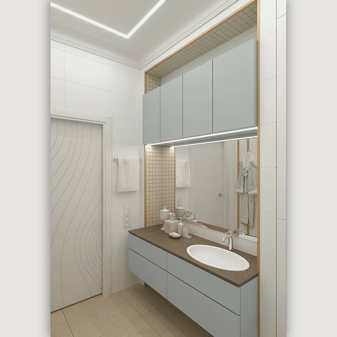 Lustrzane odbicie relaksu Przestronna łazienka z minimalistycznymi meblami, oświetleniem LED i dużym lustrem.