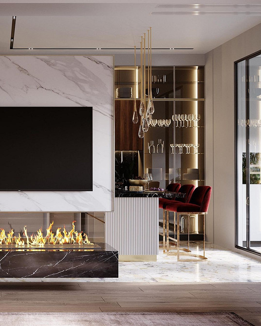 Modern serwantka salon Serwantka w salonie w stylu modern z geometrycznymi kształtami i nietypowym designem