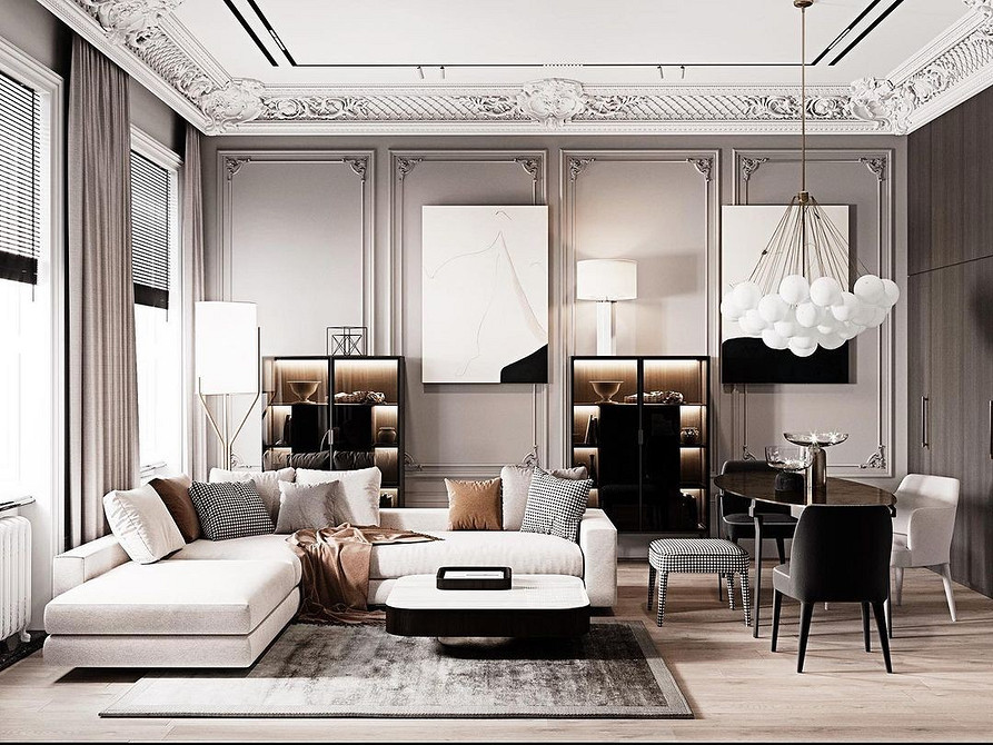 Biały serwantka salon Elegancki biały serwantka z podświetleniem w nowoczesnym salonie, eksponuje porcelanę