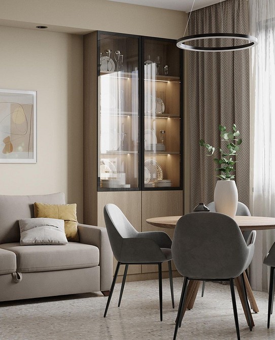 Minimalistyczny serwantka salon Nowoczesny serwantka w salonie z minimalistycznym designem i szklanymi drzwiczkami