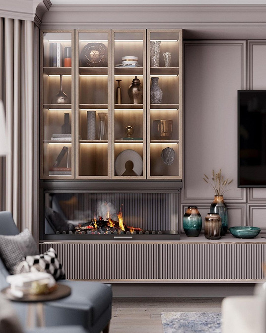 Oryginalny design serwanta Designerski serwant w salonie z oryginalnymi kształtami i nietypowym układem.