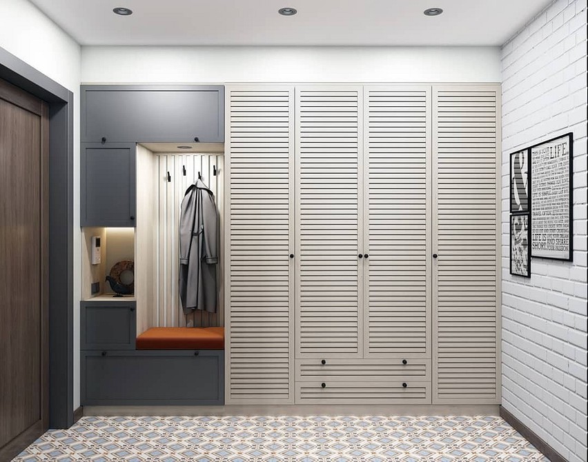 Minimalizm w przedpokoju Minimalistyczna szafa w przedpokoju w nowoczesnym wnętrzu mieszkania 2026.