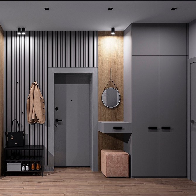 Szafa z półkami Szafa uchylna w przedpokoju z półkami na buty i akcesoria.