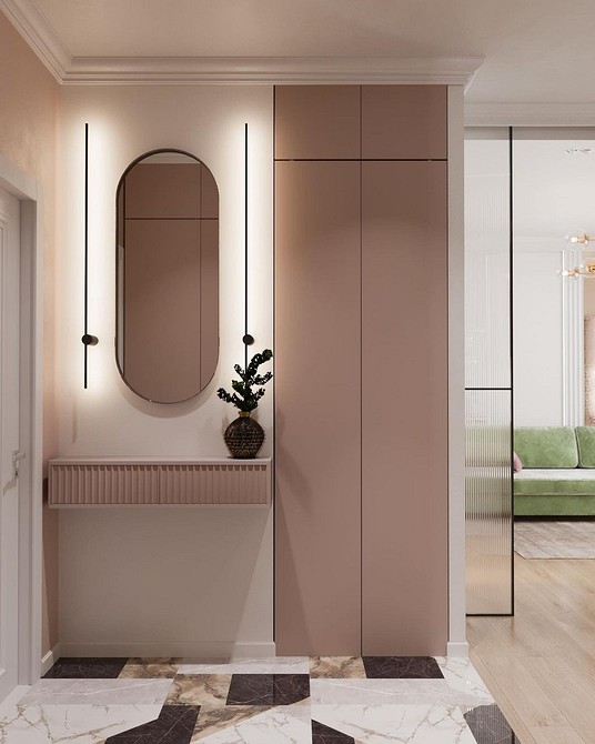 Designerska szafa Designerska szafa do przedpokoju z oryginalnymi uchwytami i teksturowanym wykończeniem. Nowe trendy 2026.