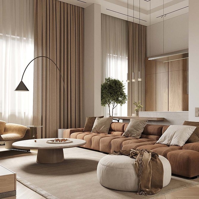 Minimalistyczna brązowa kanapa Brązowa kanapa w minimalistycznym salonie. Prosty design i nowoczesne oświetlenie. Idealna do małego mieszkania.