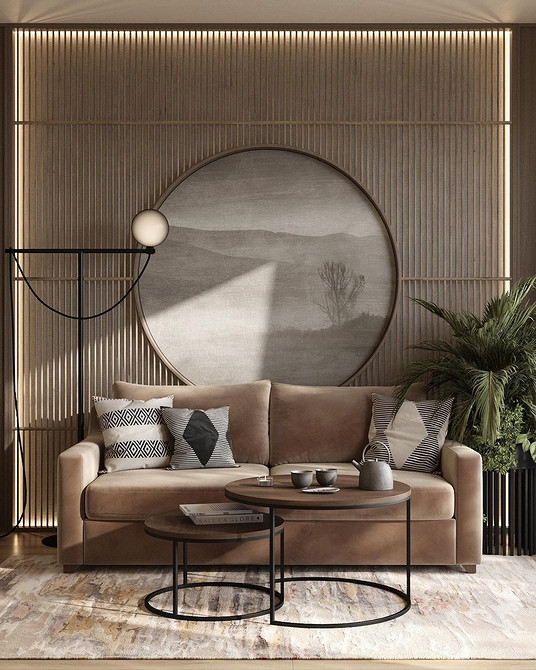 Skandynawski brąz Brązowa sofa z drewnianymi podłokietnikami w stylu skandynawskim. Prostota i naturalność.