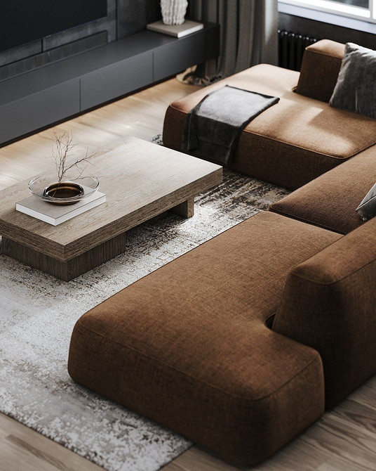 Harmonia z brązową sofą Nowoczesny salon z brązową sofą, stolikiem kawowym i dywanem: idealna harmonia.