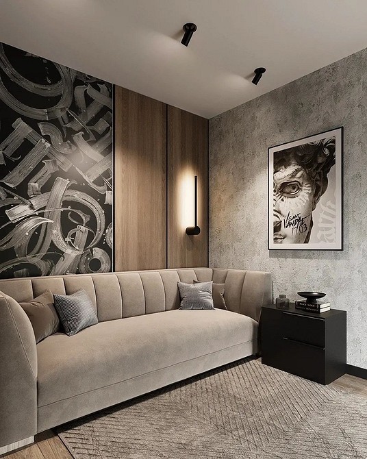 Modułowa wygoda Modułowa brązowa kanapa w nowoczesnym wnętrzu z stolikiem kawowym i dekoracjami.