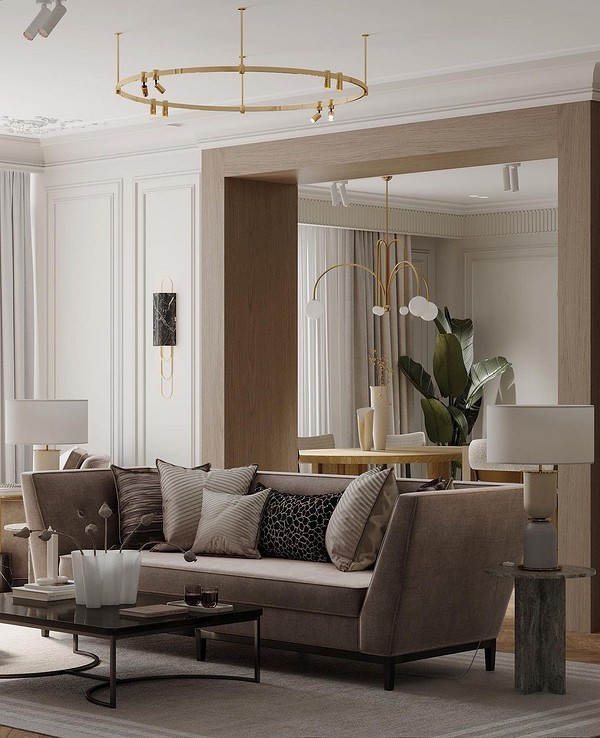 Brązowa sofa: relaks Brązowa sofa z poduszkami w salonie, idealna do relaksu i odpoczynku.