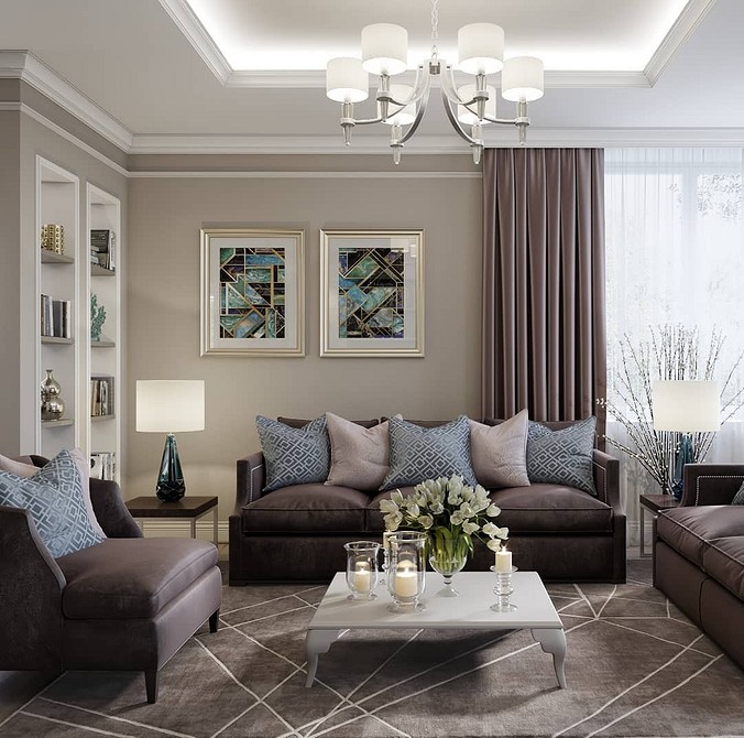 Akcent kolorystyczny Brązowa kanapa w salonie z akcentującą ścianą i kolorowymi dodatkami.