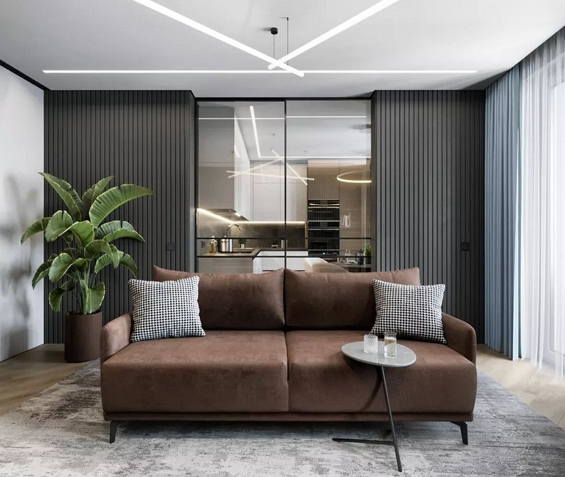 Brązowa sofa: styl Nowoczesny salon z brązową sofą, stylowy i funkcjonalny design wnętrza.