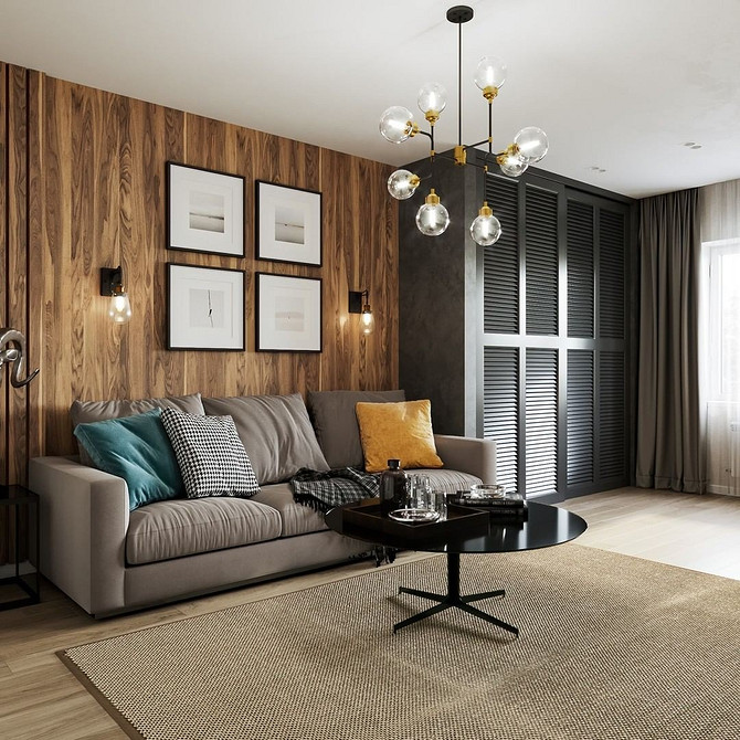 Brązowy relaks Brązowa sofa w salonie. Przytulne wnętrze z akcentami brązu i beżu.