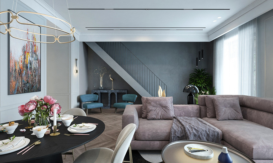 Brąz: harmonia wnętrz Jasny salon z brązową sofą, harmonijne połączenie kolorów i stylów w aranżacji.