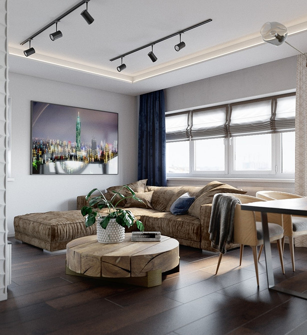 Brąz: design salonu Salon z brązową sofą i stylowym oświetleniem, nowoczesny design wnętrza z charakterem.