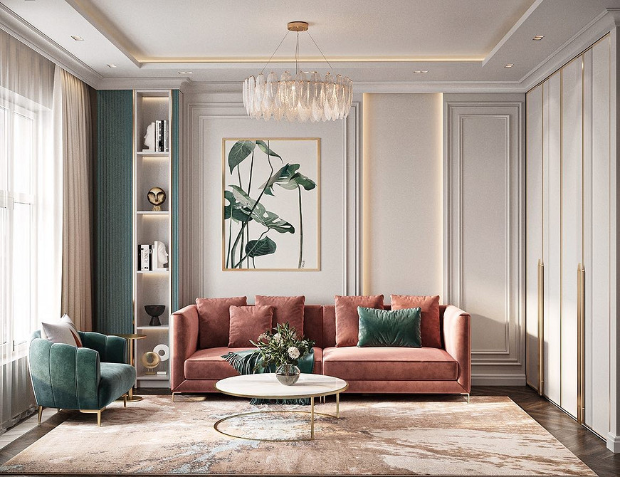 Inspiracje salonu Aranżacja salonu z czerwoną sofą i elementami dekoracyjnymi. Inspiracje wnętrz.