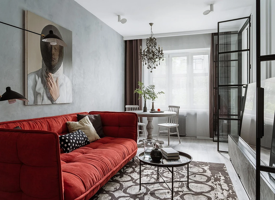 Modułowa sofa 2026 Sofa modułowa w kolorze czerwonym. Nowoczesny design sofy w małym mieszkaniu.