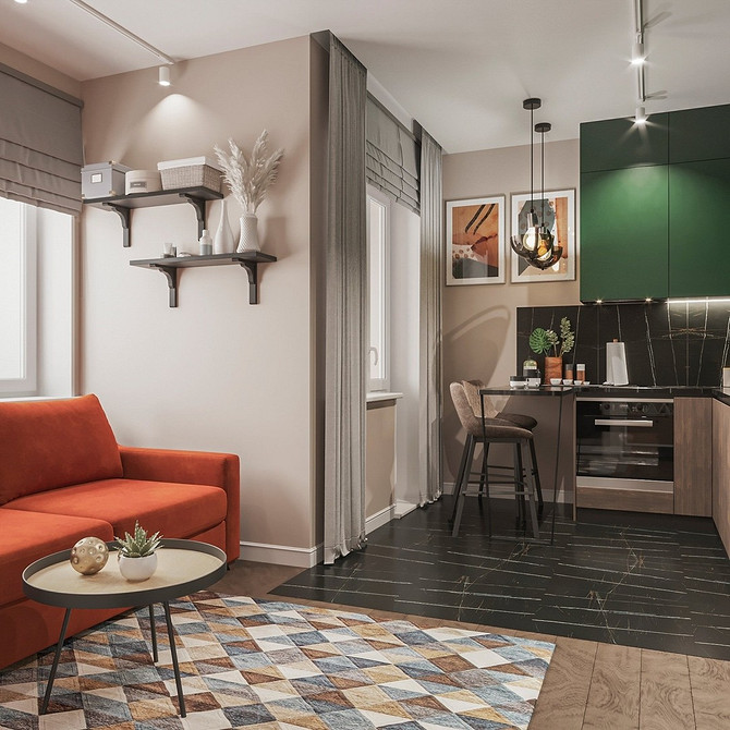 Modułowa wygoda Aranżacja salonu z czerwoną sofą modułową. Nowoczesny design, trendy 2026.