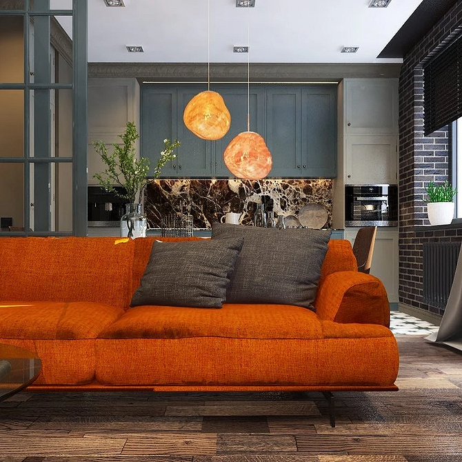 Kontrastowa aranżacja Czerwona sofa w salonie z jasnymi ścianami. Kontrast kolorów i nowoczesny wygląd.