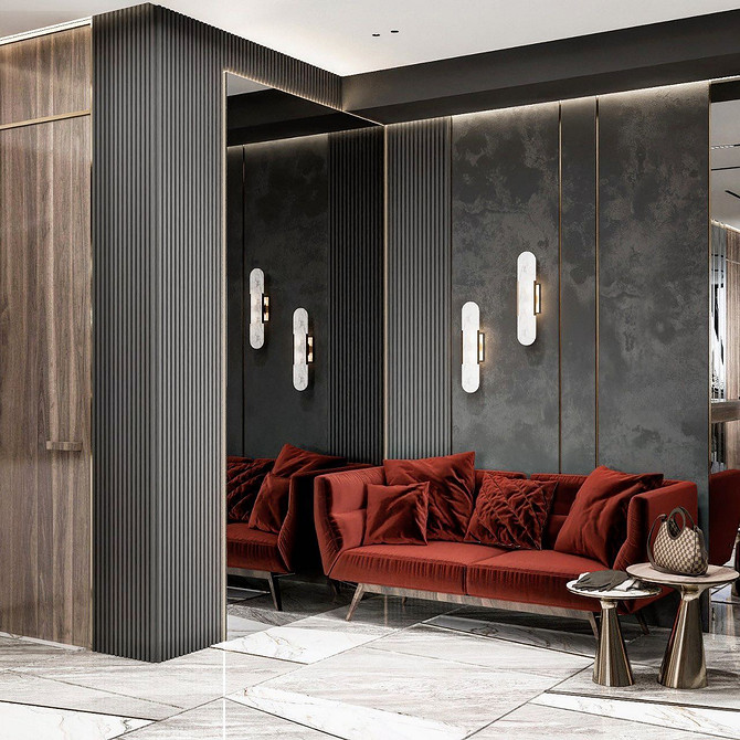 Szare ściany, drewniane elementy i czerwona sofa w nowoczesnym wnętrzu. Aranżacja 2026.