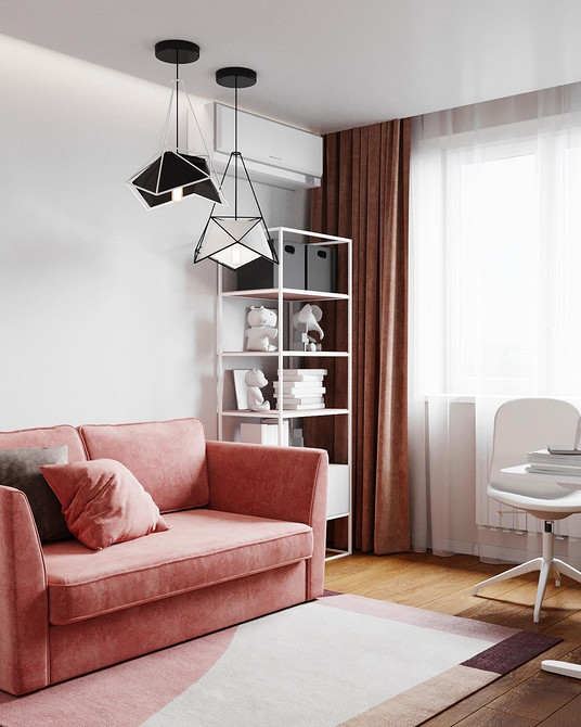 Nowoczesny salon z bordową sofą, stylowy design i elegancki wystrój 2026.