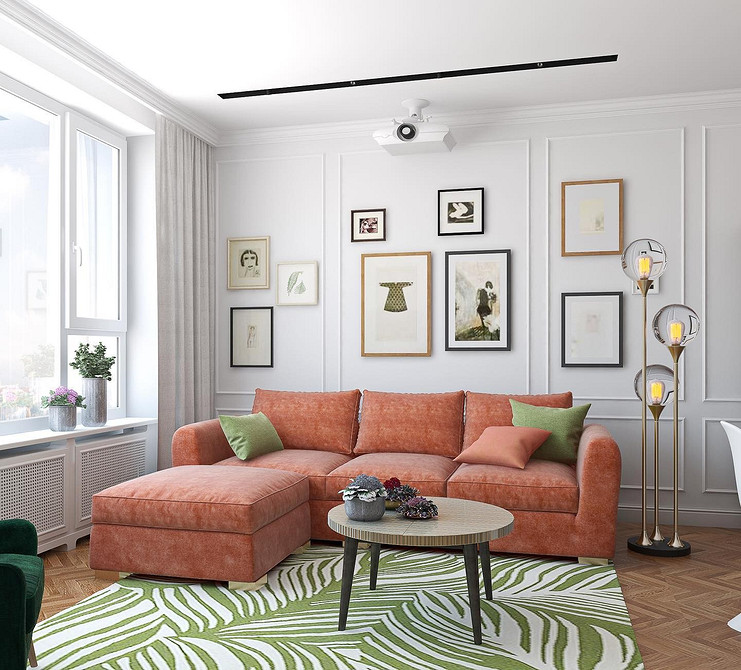 Szarość i Czerwień Stylowa czerwona sofa w salonie: aranżacja z szarymi ścianami i dodatkami