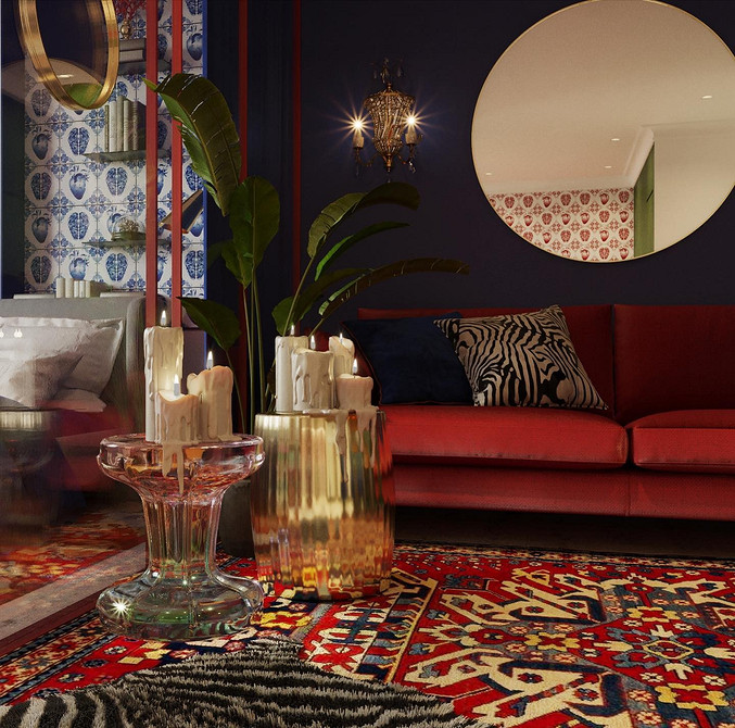 Połączenie kolorów: czerwona sofa jako akcent we wnętrzu salonu.