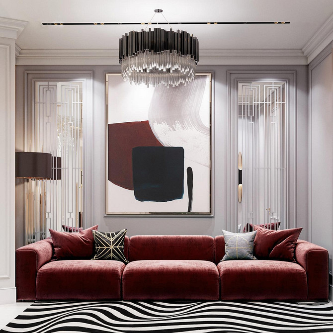 Design salonu: nowoczesne wnętrze z czerwoną sofą i neutralnymi kolorami 2026.